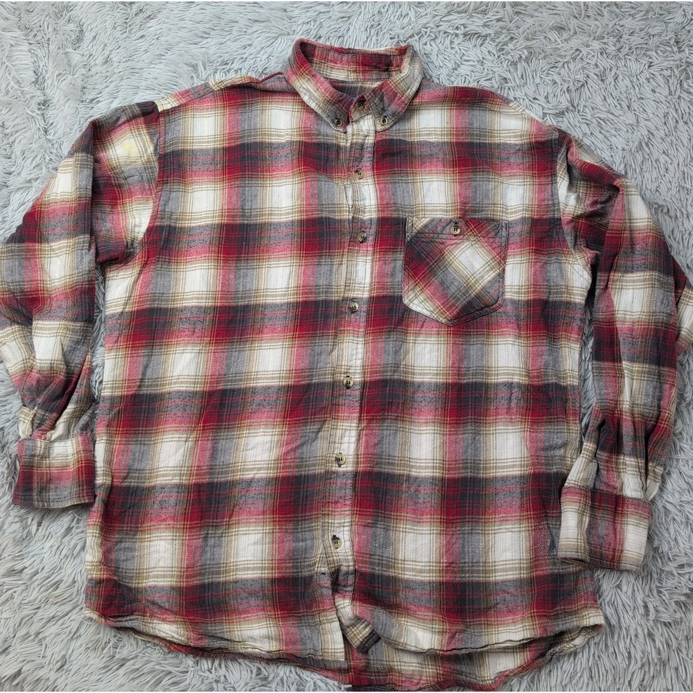 BTC Shirt Mens L Red Plaid Chore Workwear Button Up Pocket Comfort Soft